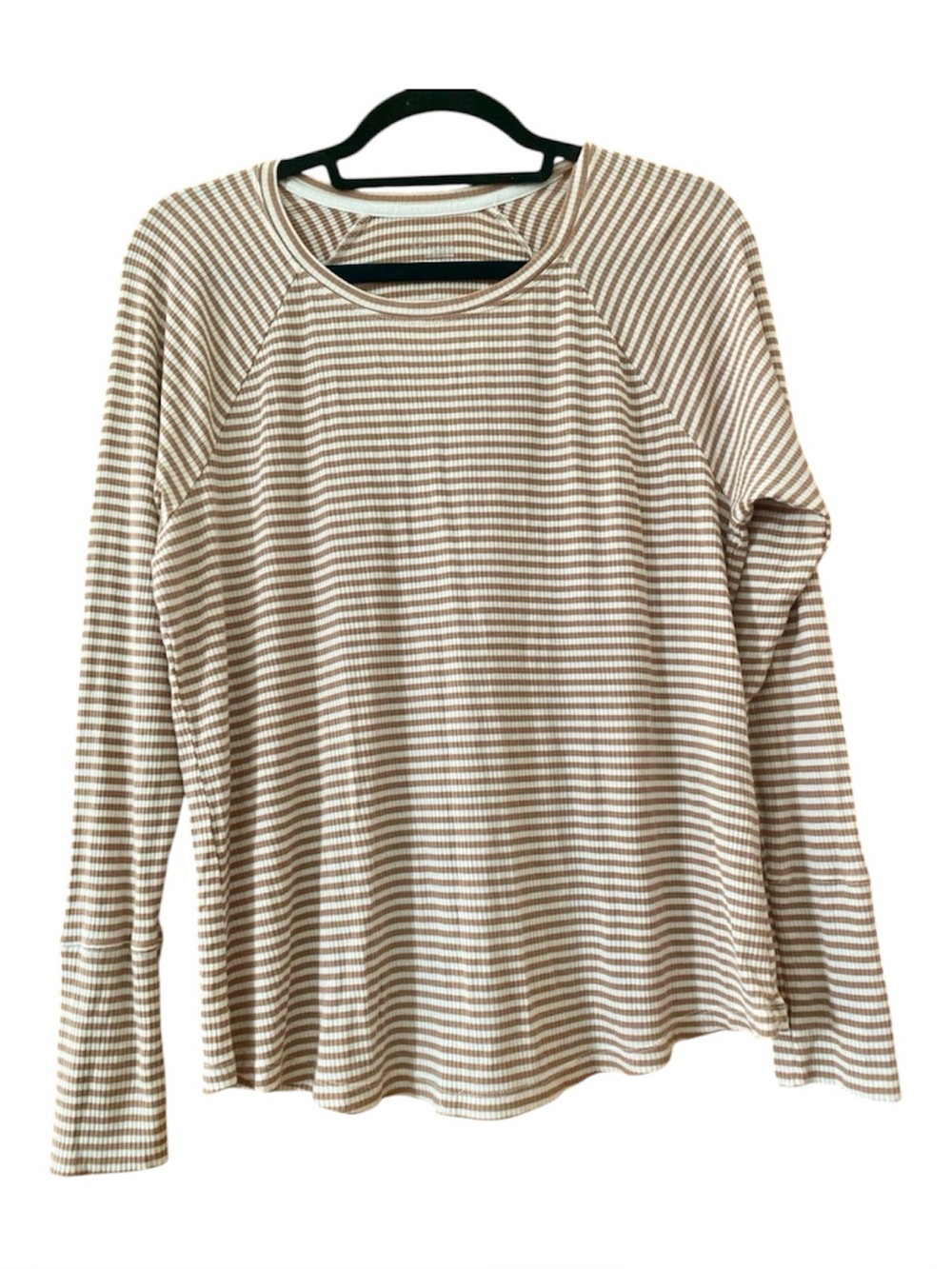 Offline by Aerie Ribbed Striped Long Sleeve Top Medium Thumbhole Brown Cream